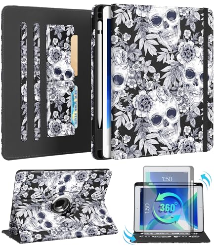 Kidcube Schutzhülle für iPad 9. / 8. / 7. Generation, 25,7 cm (10,2 Zoll), niedlicher drehbarer Ständer, Folio-Hülle mit Stifthalter und Kartenschlitz, Blumen, Gothic-Totenkopf, einzigartiges Design von Kidcube