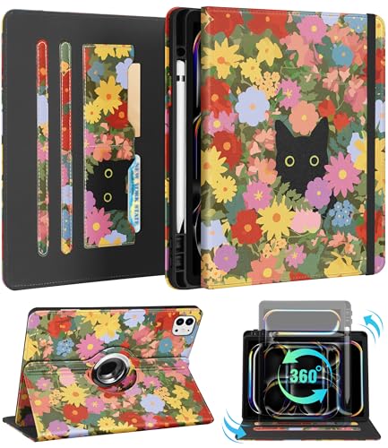 Kidcube Schutzhülle für iPad Pro 13 Zoll M4 2024 – Frauen Mädchen niedlicher drehbarer Ständer Folio Cover mit Stifthalter und Kartenschlitz, mädchenhaftes Kawaii-Katzen-Blumen-Design für iPad Pro 13 von Kidcube