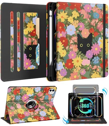 Kidcube Schutzhülle für iPad Pro 27,9 cm (11 Zoll), M4 2024 5. Generation, niedlicher drehbarer Ständer, Folio-Schutzhülle mit Stifthalter und Kartenschlitz, Kawaii-Katzen-Blumen-Design für iPad Pro von Kidcube