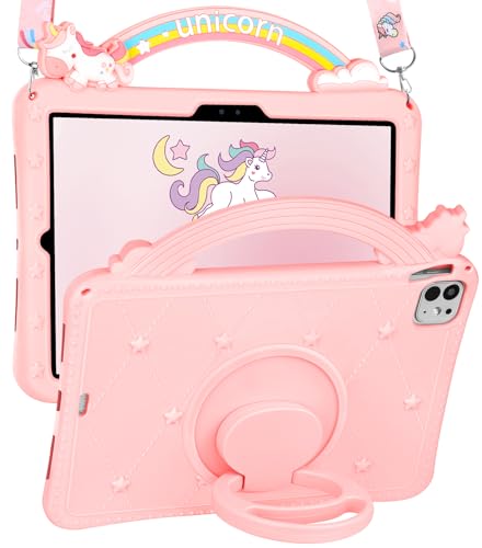 Kidcube Schutzhülle für iPad Pro 27,9 cm (11 Zoll) 2024 – für Mädchen, niedliches Kawaii-Cartoon-Design, mit drehbarem Ständer und Riemen, einzigartiges Silikon, für Damen und Jugendliche für iPad Pro von Kidcube