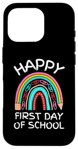 Hülle für iPhone 16 Pro Niedlicher Bleistift mit Aufschrift "Happy First Day Of School", Regenbogenfarben von Kiddiewinks Closet