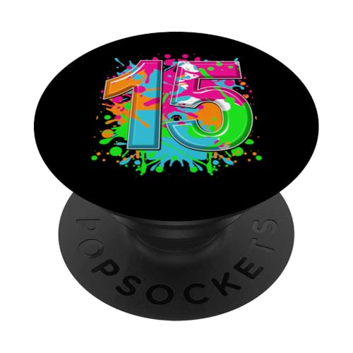 15 Geburtstag Shirt Mädchen Jungen 14 Jahre Farbspritzer PopSockets mit austauschbarem PopGrip von Kids Birthday Party, Awesome Birthday Party Wear