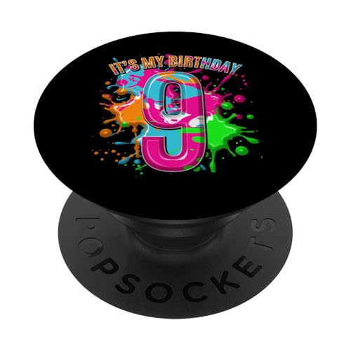 9 Geburtstag T-Shirt für Mädchen Jungen 9 Jahre Farbspritzer PopSockets mit austauschbarem PopGrip von Kids Birthday Party, Awesome Birthday Party Wear