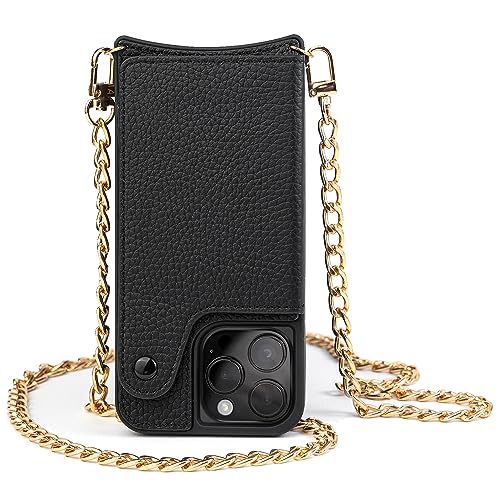 Barely Civilian Crossbody iPhone 14 Hülle und Brieftasche Schwarz Leder mit Goldkette Schultergurt und Leder Crossbody Strap (iPhone 14 - Schwarz) von Kind Innovations