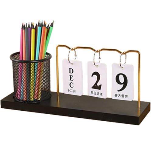 Kioriur Stifthalter mit Kalender, Schreibtisch-Stifthalter mit Kalender | Tischkalender aus Holz mit Stifthalter,Multifunktionale Desktop-Ornamente, einfacher wiederverwendbarer Schreibwaren-Organizer von Kioriur