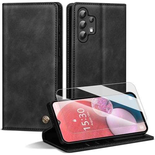 Handyhülle für Samsung Galaxy A13 5G/A04S Hülle,Premium Lederhülle für Samsung A13 4G/5G [Mit 1 Stück Panzer Schutz Glas] Magnet Kartenfach Klapphülle Schutzhülle für Galaxy A04S,Schwarz von Kirnntca