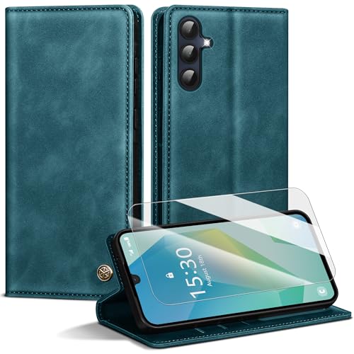 Handyhülle für Samsung Galaxy A16 5G Hülle,Premium Lederhülle für Samsung A16 4G/5G [Mit 1 Stück Panzer Schutz Glas] Magnet Kartenfach Klapphülle Schutzhülle für Galaxy A16,BlauGrün von Kirnntca