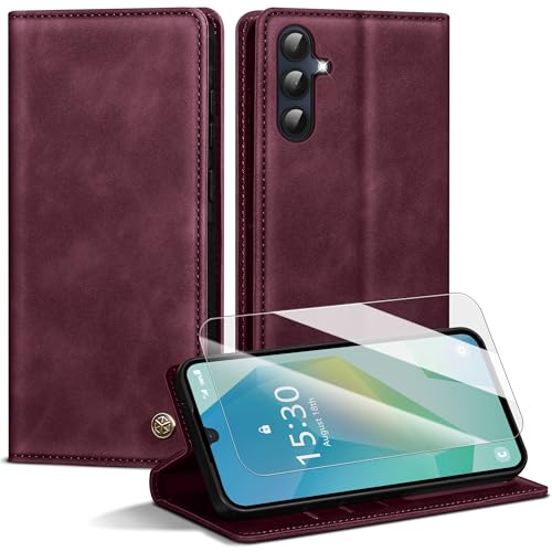 Handyhülle für Samsung Galaxy A16 5G Hülle,Premium Lederhülle für Samsung A16 4G/5G [Mit 1 Stück Panzer Schutz Glas] Magnet Kartenfach Klapphülle Schutzhülle für Galaxy A16,Weinrot von Kirnntca