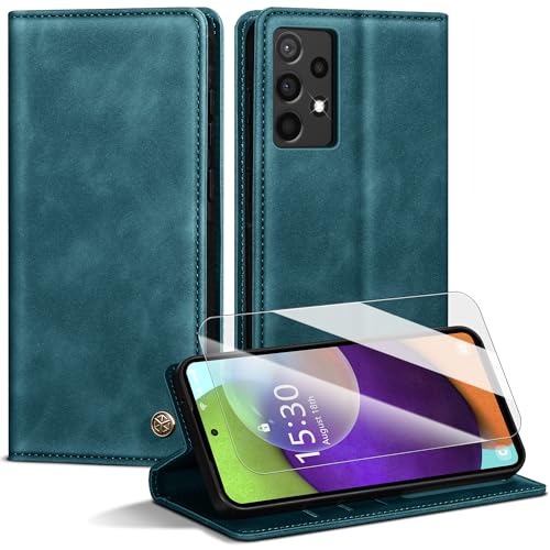 Handyhülle für Samsung Galaxy A52S/A52 4G 5G Hülle,Premium Lederhülle für Samsung A52S 5G [Mit 1 Stück Panzer Schutz Glas] Magnet Kartenfach Klapphülle Schutzhülle für Galaxy A52,BlauGrün von Kirnntca