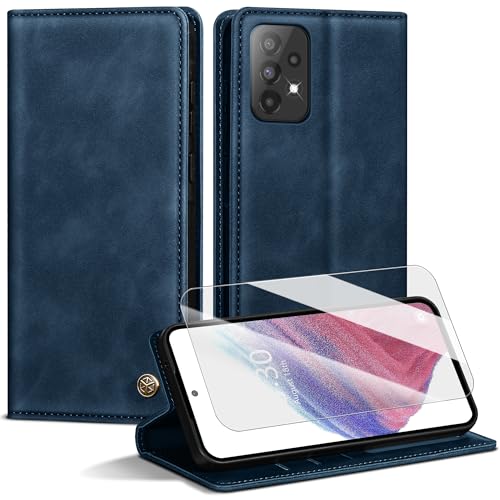 Handyhülle für Samsung Galaxy A53 5G Hülle,Premium Lederhülle für Samsung A53 [Mit 1 Stück Panzer Schutz Glas] Magnet Kartenfach Klapphülle Schutzhülle für Galaxy A53,Blau von Kirnntca