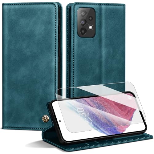 Handyhülle für Samsung Galaxy A53 5G Hülle,Premium Lederhülle für Samsung A53 [Mit 1 Stück Panzer Schutz Glas] Magnet Kartenfach Klapphülle Schutzhülle für Galaxy A53,BlauGrün von Kirnntca