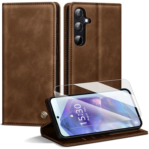 Handyhülle für Samsung Galaxy A55 5G Hülle,Premium Lederhülle für Samsung A55 5G [Mit 1 Stück Panzer Schutz Glas] Magnet Kartenfach Klapphülle Schutzhülle für Galaxy A55,Braun von Kirnntca