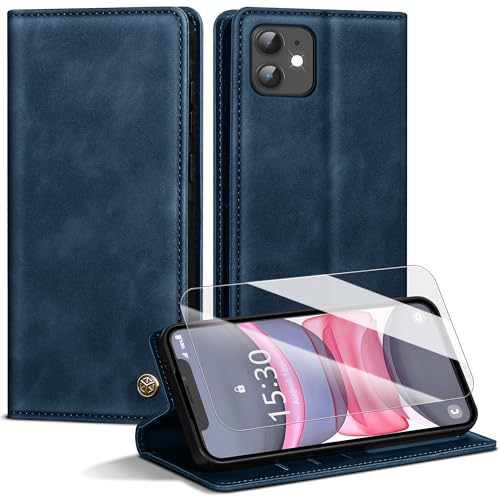 Handyhülle für iPhone 11 Hülle,Premium Lederhülle für iPhone 11 [Mit 1 Stück Panzer Schutz Glas] Magnet Kartenfach Klapphülle Schutzhülle für iPhone 11,Blau von Kirnntca