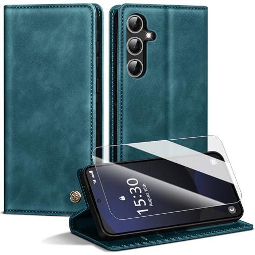 Kirnntca Handyhülle für Samsung Galaxy S24 FE 5G Hülle,Premium Lederhülle für Samsung S24 FE,Kartenfach Standfunktion, RFID Schutzhülle, Klapphülle Handytasche für Galaxy S24 FE,BlauGrün von Kirnntca