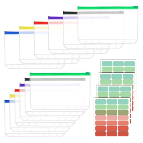 Kiudduy 12 Stück A5-Ordnertaschen, 6-Loch-A5-Ordnereinlagen mit 42 Selbstklebenden Ordnerregistern für 6-Ring-Notizbücher von Kiudduy