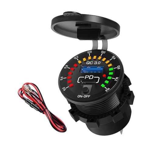 Kivvlbzeq QC 3.0 Dual USB Autoladegerät, wasserdichte USB PD Steckdose, Schnellladung mit LED-Voltmeter An/Aus Schalter für Auto Motorrad von Kivvlbzeq