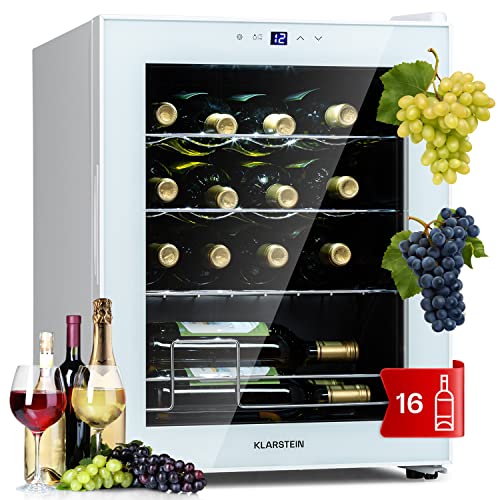 Klarstein Shiraz Weinkühlschrank Freistehend, Kleiner Getränkekühlschrank für Wein, Prosecco & Bier, 1 Zone Weinkühlschrank mit Glastür & Touch-Bedienfeld, Kühlschrank Klein, 5-18°C, 16 Flaschen von Klarstein