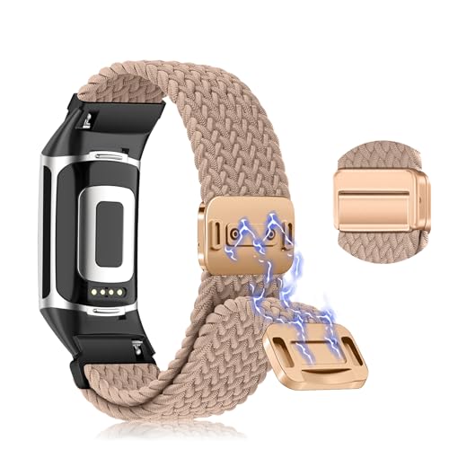 KoGiio Geflochtenes Armband für Fitbit Charge 6 / Fitbit Charge 5, Herren Damen Ersatzband Uhrenarmband,Magnetisches Ersatzbänder Kompatibel mit Fitbit Charge 6 / Fitbit Charge 5 - Milchteefarbe von KoGiio