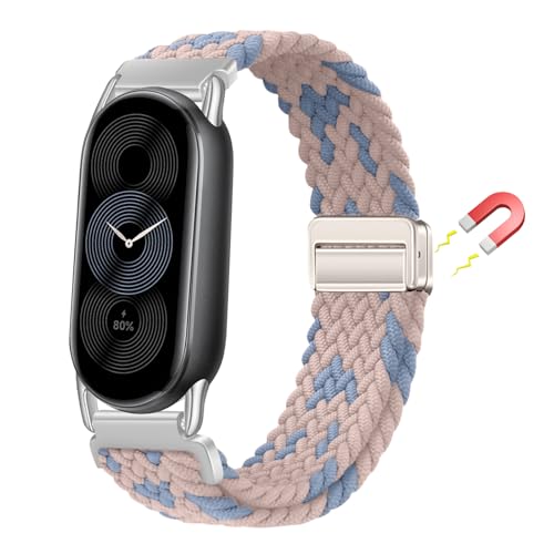 KoGiio Geflochtenes Armband für Xiaomi Smart Band 9/Xiaomi Smart Band 8/Xiaomi Mi Band 9/8, Herren Damen Ersatzband Uhrenarmband,Magnetisches Ersatzbänder Kompatibel mit Smart Band 9 - Blau & Pink von KoGiio