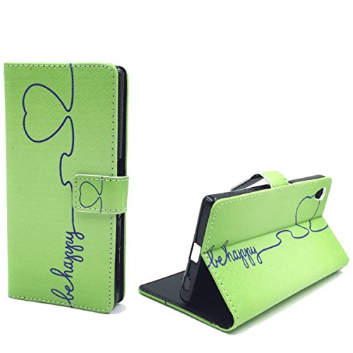 König Design Handyhülle Kompatibel mit Sony Xperia Z5 Handytasche Schutzhülle Tasche Flip Case mit Kreditkartenfächern - Be Happy Design Grün von König Design
