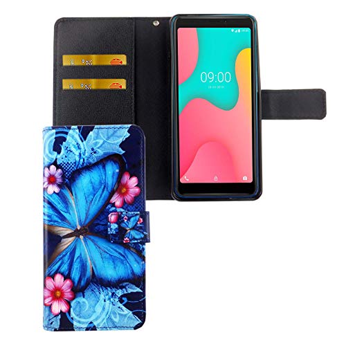 König Design Handyhülle Kompatibel mit Wiko Y60 Handytasche Schutzhülle Tasche Flip Case mit Kreditkartenfächern - Schmetterling Blau von König Design