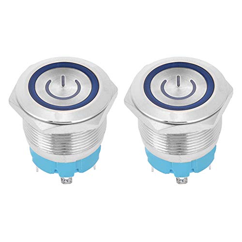 Koieam Drucktastenschalter, 2 Stück, 22 mm, Metall-Drucktastenschalter, flacher Kopf, kurzzeitig, 4-polig, mit Strom-Lichtschild, IP65, 12–24 VDC (Blue) von Koieam