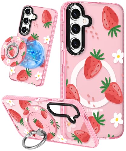 Kokaade Schutzhülle für Samsung Galaxy S24 für Damen und Mädchen – niedliches Kawaii-Erdbeer-Blumen-Design, kompatibel mit Magsafe, magnetischer Ringhalterung, Ständer, Handyhülle, mädchenhafte von Kokaade