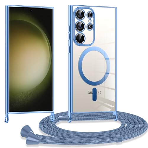 Kokio Handykette Hülle für Samsung Galaxy S23 Ultra 5G mit Band, Magnetische Transparent Handyhülle Kompatibel mit MagSafe, Kratzfeste Stossfest Schutzhülle mit Einstellbar Kette,Blau von Kokio