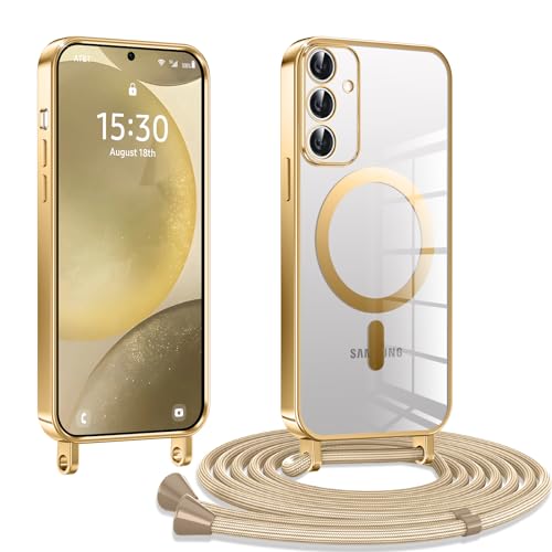 Kokio Handykette Hülle für Samsung Galaxy S24+ / S24 Plus 5G mit Band, Magnetische Transparent Handyhülle Kompatibel mit MagSafe, Kratzfeste Stossfest Schutzhülle mit Einstellbar Kette,Gold von Kokio