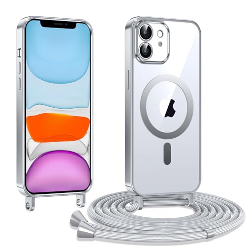 Kokio Handykette Hülle für iPhone 11 mit Band, Magnetische Transparent Handyhülle, Kratzfeste Stossfest Schutzhülle mit Einstellbar Kette,Silber von Kokio