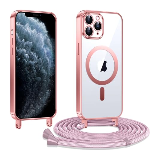 Kokio Handykette Hülle für iPhone 11 pro mit Band, Magnetische Transparent Handyhülle Kompatibel mit MagSafe, Kratzfeste Stossfest Schutzhülle mit Einstellbar Kette,Rosé von Kokio