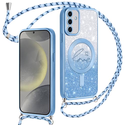 Kokio Handykette für Samsung Galaxy S24,Hülle mit Band,Schutzhülle mit Kordel Kompatibel mit MagSafe,Magnetisch HandyHülle Umhängen Kette mit Strap Schnur Abnehmbar Glitzer Stoßfest,Blau von Kokio