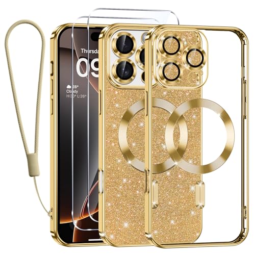 Kokio Handykette für iPhone 16 Pro Max Hülle mit Band, [Kompatibel mit MagSafe] Glitzernde Magnetisch Handyhülle für iPhone 16 Pro Max mit 2 Stück Schutzfolie Stoßfeste Silikon Schutzhülle, Gold von Kokio