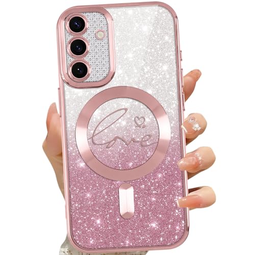 Kokio Hülle für Samsung Galaxy S24, Luxuriöse Glitzer Beschichtung Magnetische Handyhülle, Herz-Motiv und Pailletten, Transparent Stoßfest Case für Samsung S24, Rosa von Kokio