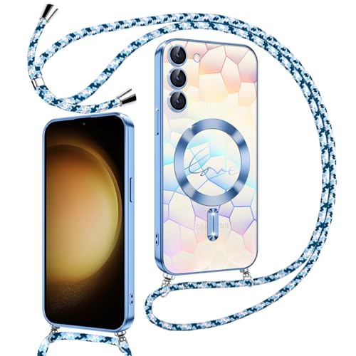 Kokio Magnetische Glitzer Handykette für Samsung Galaxy S23 5G Hülle mit Band [Kompatibel mit MagSafe] Kameraschutz Handyhülle für Frauen Mädchen Silikon Schutzhülle für Samsung S23 5G Blau von Kokio