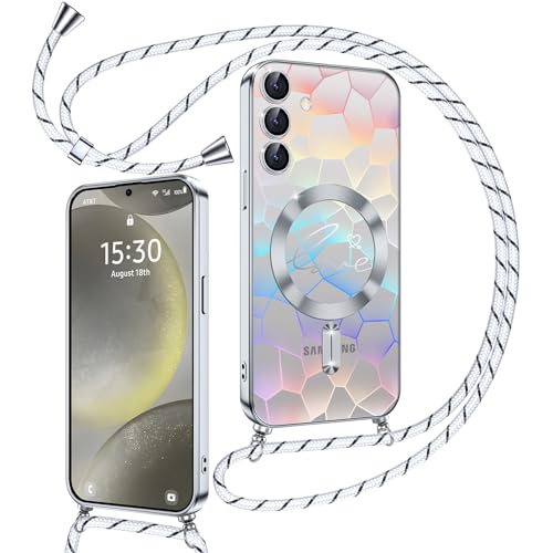 Kokio Magnetische Glitzer Handykette für Samsung Galaxy S24 5G Hülle mit Band [Kompatibel mit MagSafe] Kameraschutz Handyhülle für Frauen Mädchen Silikon Schutzhülle für Samsung S24 5G Silber von Kokio