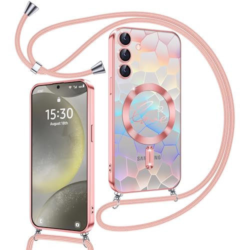 Kokio Magnetische Glitzer Handykette für Samsung Galaxy S24 Plus 5G Hülle mit Band [Kompatibel mit MagSafe] Kameraschutz Handyhülle für Frauen Mädchen Silikon Schutzhülle für Samsung S24 Plus 5G Rosa von Kokio