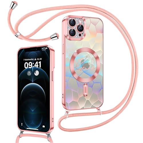 Kokio Magnetische Glitzer Handykette für iPhone 12 Pro Max Hülle mit Band [Kompatibel mit MagSafe] Kameraschutz Durchsichtig Handyhülle für Mädchen Stoßfeste Schutzhülle für iPhone 12 Pro Max Rosa von Kokio