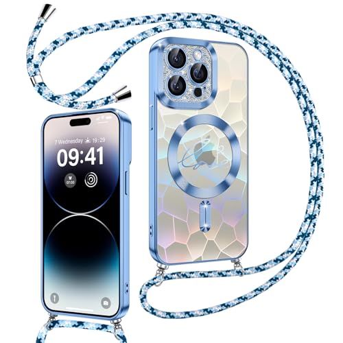 Kokio Magnetische Glitzer Handykette für iPhone 14 Pro Hülle mit Band [Kompatibel mit MagSafe] Kameraschutz Handyhülle für Frauen Mädchen Silikon Schutzhülle für iPhone 14 Pro Blau von Kokio