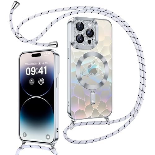 Kokio Magnetische Glitzer Handykette für iPhone 14 Pro Max Hülle mit Band [Kompatibel mit MagSafe] Kameraschutz Durchsichtig Handyhülle für Mädchen Stoßfeste Schutzhülle für iPhone 14 Pro Max Silber von Kokio