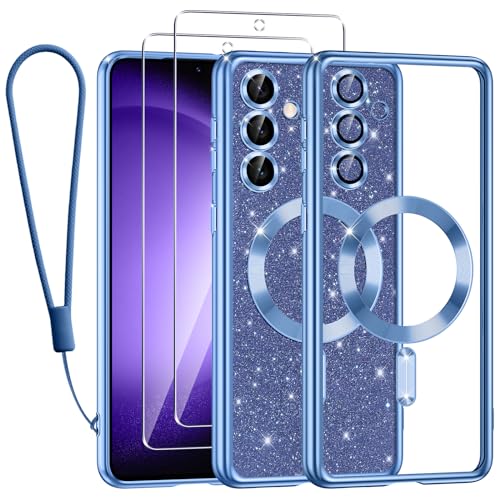 Kokio für Samsung Galaxy S23 FE 5G Hülle Mit Glitzer Karte,[Kompatibel mit MagSafe],Mit 2*Schutzfolie und 1*Handykette,Kamera Objektivschutz,Flash Handyhülle für Frauen Mädchen,Blau von Kokio