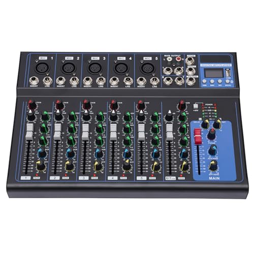 Konfiur 7 Kanal DJ Mischpult, Professioneller Bluetooth Audio Mixer Live Studio USB DJ Sound Console Amplifier Mischkonsole 6 Musikmodi, für Aufnahme DJ Bühne Karaoke Musik Anwendung von Konfiur