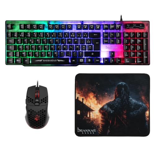 Konix Drakkar Barbarian Gaming-Zubehörpaket für PC - AZERTY-Tastatur mit LED-Hintergrundbeleuchtung - Kabelgebundene Maus 102 g - Viking-Mauspad von Konix