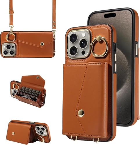 Konstreet Schutzhülle für iPhone 15 Pro, Premium-Leder, Brieftaschen-Schutzhülle mit 360° drehbarem Ringständer, stoßfest, RFID-blockierend, Kartenfächer, stilvolle Klapphülle für iPhone 15, Braun von Konstreet