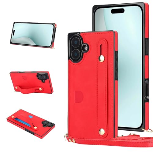 Konstreet Schutzhülle für iPhone 16, mit Kartenfächern, Armbandhalterung und langem Umhängeband, klassischer Retro-Business-Stil, Rot von Konstreet