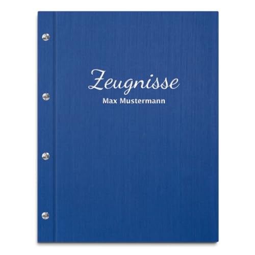 Handgefertigte Zeugnismappe mit eigenem Namen in blauer Leinenoptik – inkl. 12 Sichthüllen – Mappe für Zeugnisse und Urkunden von Kopierladen Karnath GmbH