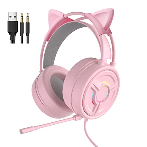 OverEarKopfhörer, integriertes Mikrofon, faltbares StereoHeadset mit Katzenohren, kabelgebunden, StereoSoundEffekt, Geräuschunterdrückung, HiFiHeadmontierte Kopfhörer für Home Office (rosa von Kripyery