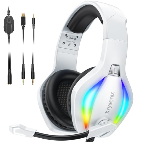 Krysenix PG1 RGB Gaming Headset für PS4/PC/Xbox, PS5 Headset mit Mikrofon, Gaming Kopfhörer mit Mikrofon, Noise Cancelling Kopfhörer mit 3.5mm Klinke Weiß/Schwarz von Krysenix