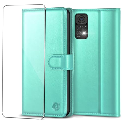 Handyhülle für Xiaomi Redmi Note 11 /Note 11S Hülle mit Panzerglas Schutzfolie PU Leder Klapphülle Brieftasche Kartenfach Ständer Magnet Handytasche Case Schutzhülle für Redmi Note 11 /11S - Eisgrün von Kuafcase