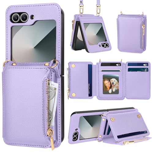 Kuafcase Handyhülle für Samsung Galaxy Z Flip 6 5G 2024 Hülle mit Band [6 Kartenfach][Ständer][Schlüsselanhänger]Handykette Wallet Leder Klapphülle Umhängetasche Handytasche für z flip 6, Hellviolett von Kuafcase